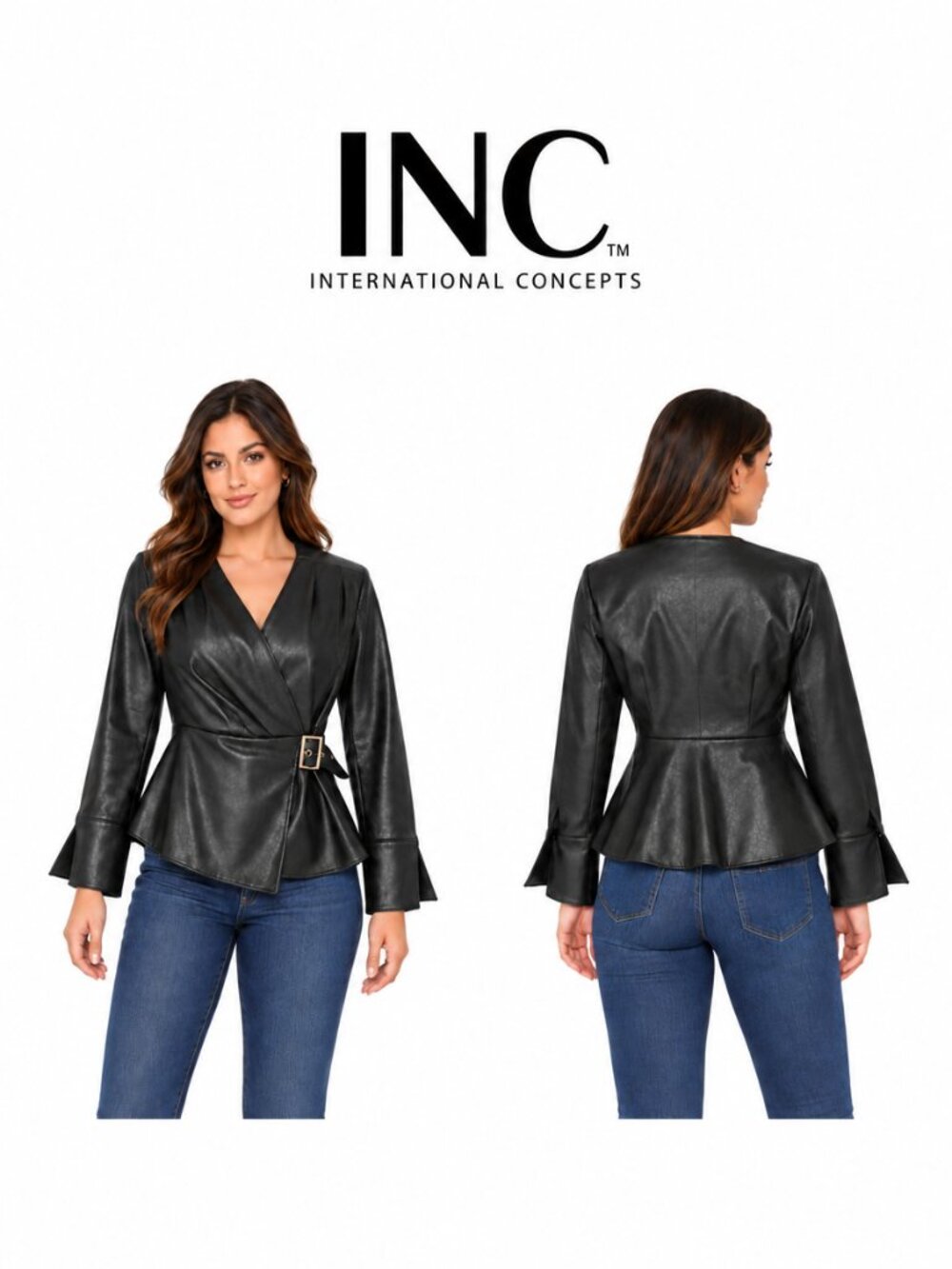INC International Concepts Faux Leather Wrap Peplum Top Black XS Side Buckle